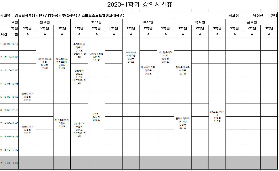 2023-1학기 강의시간표 (컴퓨터학부, IT융합학부, 스마트소프트웨어과) 대표이미지