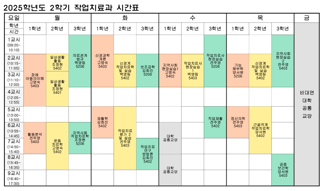 2025학년도 2학기 작업치료과 시간표 첨부 이미지